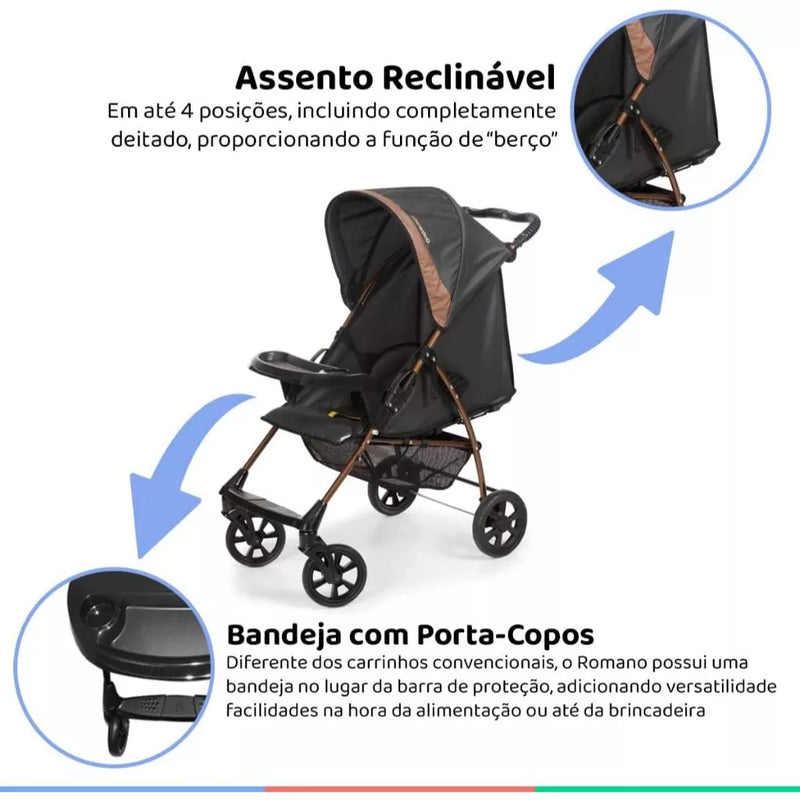 Carrinho de Bebe Reclinavel Galzerano Romano Preto/Cobre