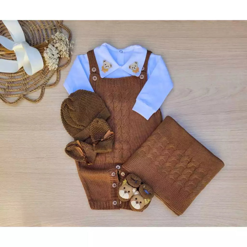 Saída maternidade jardineira tricot kit urso gravata 6 peças