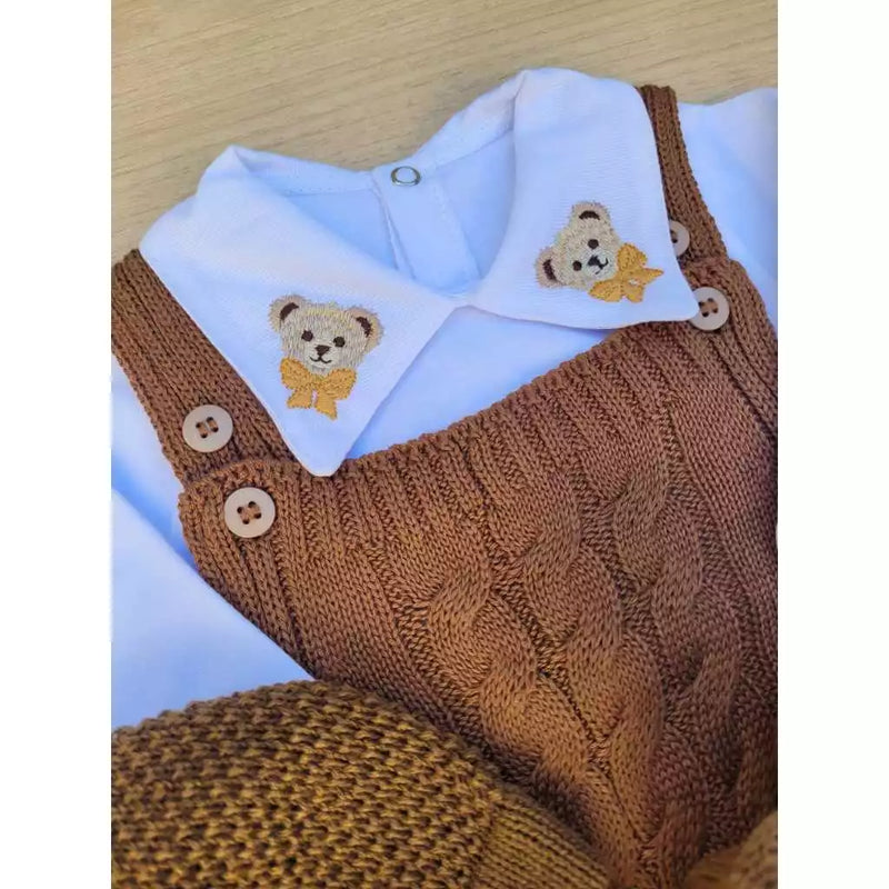 Saída maternidade jardineira tricot kit urso gravata 6 peças