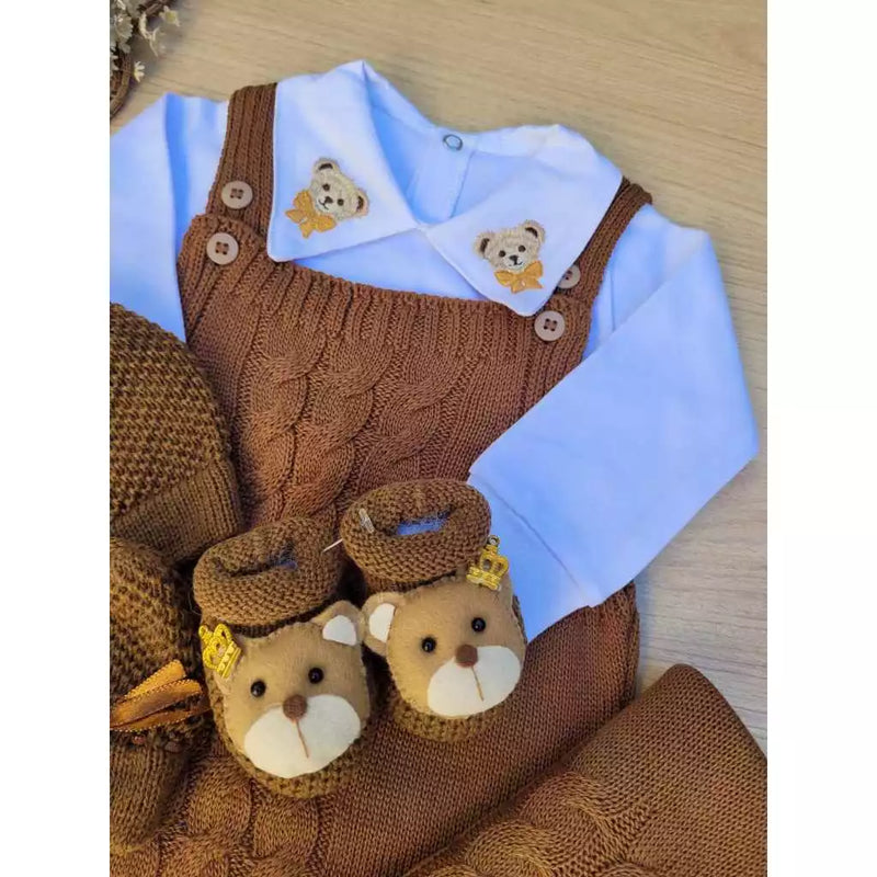 Saída maternidade jardineira tricot kit urso gravata 6 peças