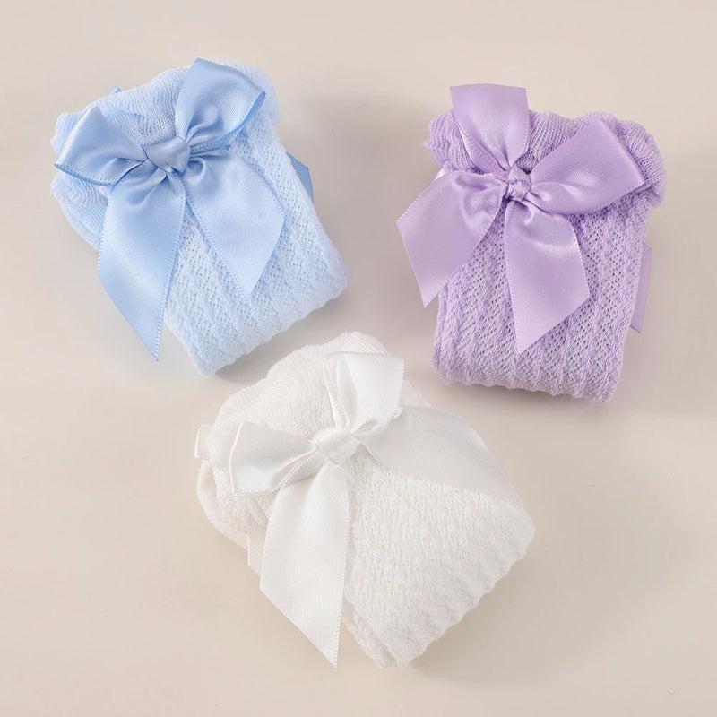 Kit Com  3 Pares De Meias De Laço Sólidas Para Bebês Meninas