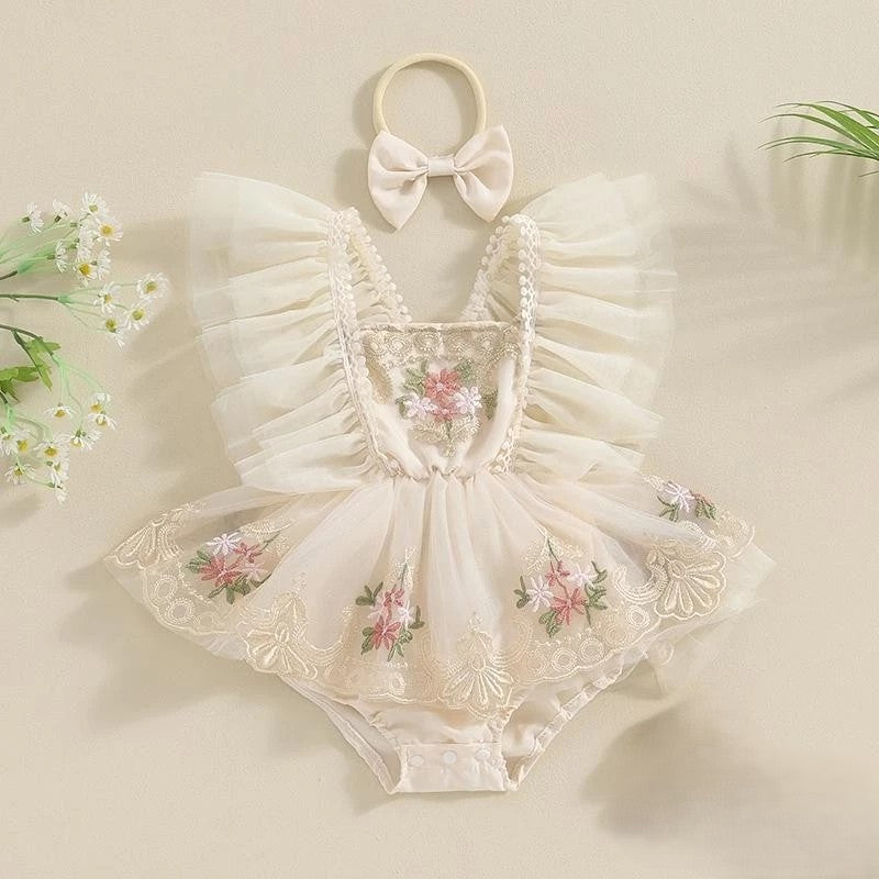 Body Infantil de Retalhos de Tule com Flores Bordadas