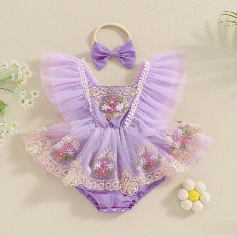 Body Infantil de Retalhos de Tule com Flores Bordadas